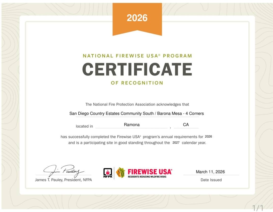 Firewise Certificate - South Barona Mesa 4 Corners